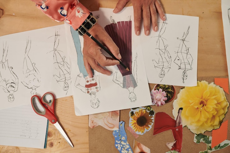 Foto manos de mujer aprendiendo a dibujar bocetos de moda vista desde arriba