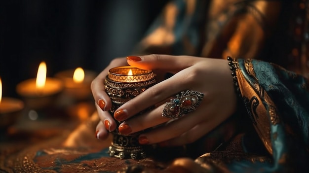 manos de mujer árabe de moda con velas de diwali vacaciones