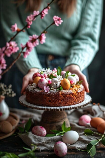 Las manos de la mujer cocinando pastel de Pascua