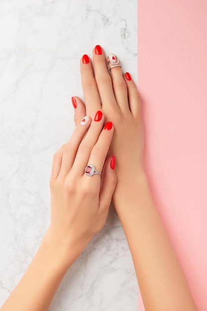Manos de mujer cuidadas con anillos sobre fondo rosa y mármol Diseño de uñas rojas de moda con corazón