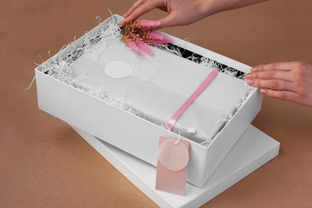 Las manos de una mujer desempacan una caja con ropa y una etiqueta rosa en blanco para una marca o logotipo y una decoración de flores rosas