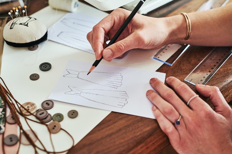 Foto manos de mujer y dibujo de diseño de moda para planificar ideas o dibujar en el escritorio de la oficina arriba mano de artista creativa o diseñadora gráfica para ideas de bocetos de ropa o puesta en marcha en la mesa