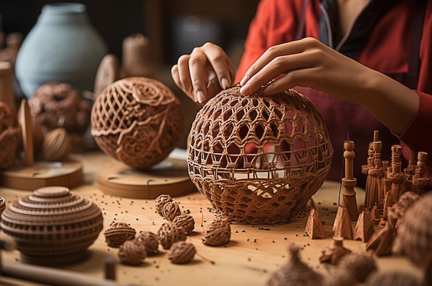 Manos de mujer elaborando diseños intrincados en cerámica de arcilla