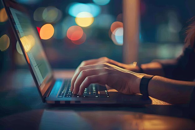 Las manos de una mujer escribiendo en una computadora portátil con el fondo borroso de la oficina