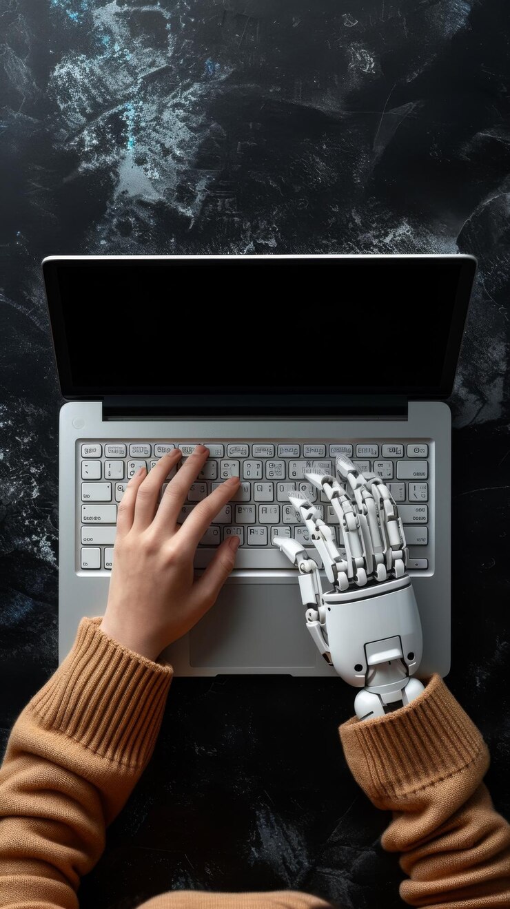 manos de mujer escribiendo en un teclado portátil una mano robótica desde el espacio superior