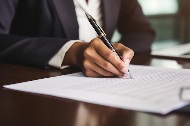 Manos de mujer firmando un importante contrato financiero con bolígrafos de lujo Ilustración de IA generativa