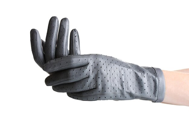 Manos de mujer en guantes de cuero gris aislados en blanco