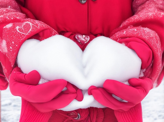 Manos de mujer con guantes de invierno en forma de símbolo del corazón Concepto de estilo de vida y sentimientos con luz del atardecer naturaleza en el fondo