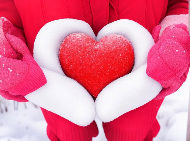 Foto manos de mujer con guantes de invierno en forma de símbolo del corazón estilo de vida naturaleza en el fondo