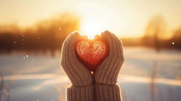 Manos de mujer en guantes de invierno con símbolo del corazón