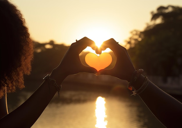 las manos de una mujer hacen un corazón con una forma de corazón en el sol en el estilo de paisajes fluviales románticos