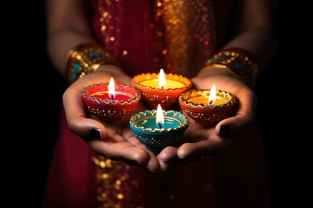 Las manos de la mujer con henna sosteniendo coloridas lámparas de arcilla encendidas durante la celebración de Diwali