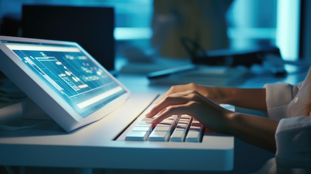 Las manos de la mujer imprimiendo en un teclado especializado cerca de la pantalla de la computadora