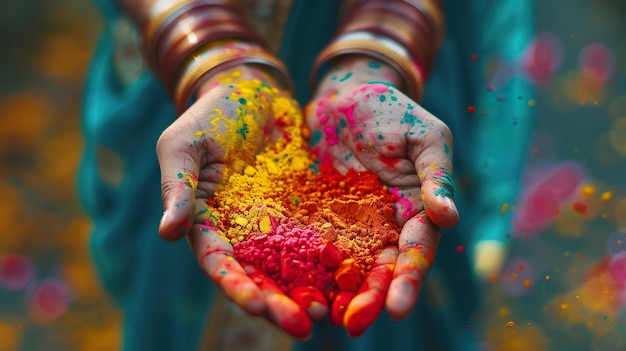 Las manos de la mujer india sosteniendo los vibrantes colores del festival de Holi