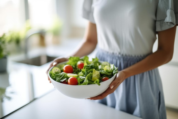 Manos de mujer irreconocibles sosteniendo un plato de ensalada Generado por IA