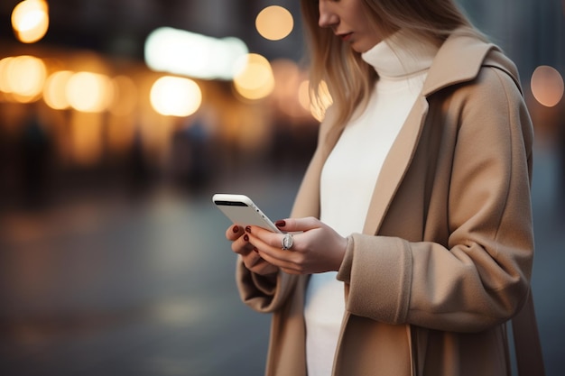 Manos de mujer joven irreconocibles usando teléfono móvil fuera en la calle de la ciudad