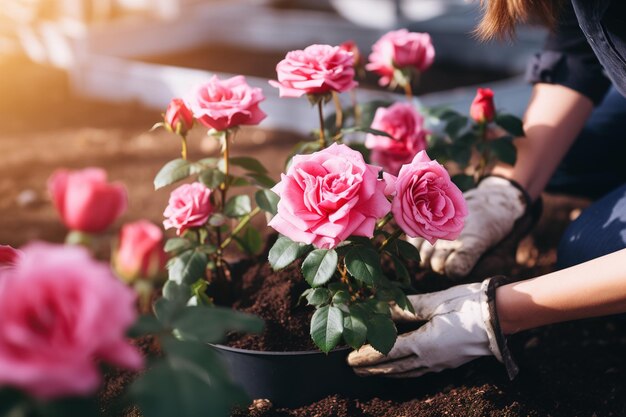 Manos de una mujer joven primer plano Plantando hermoso