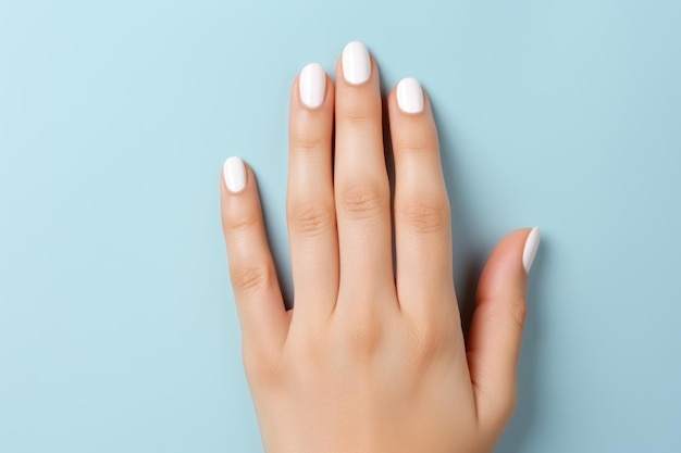 Manos de mujer joven con uñas blancas en fondo azul claro Generado por IA