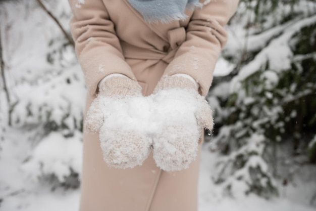 Manos de mujer en mitones para sujetar la nieve.