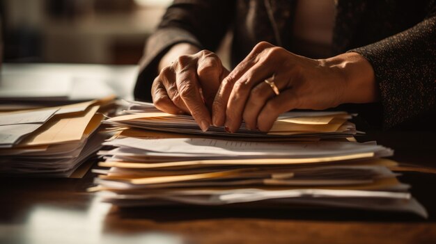 Las manos de la mujer de negocios trabajando en pilas de archivos de papel para buscar información en el escritorio de trabajo en los papeles de informe de negocios de la oficina