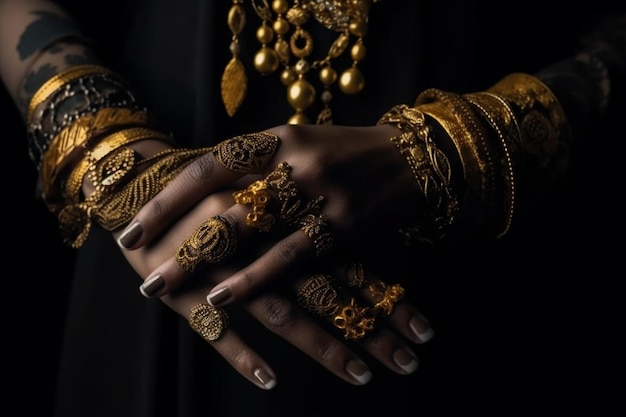 Manos de mujer negra con joyas de oro Brazaletes orientales en una mano pintada de negro Joyas de oro