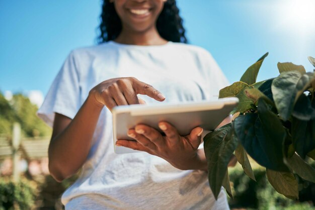 Manos de mujer negra y tableta con sonrisa para agricultura ecológica o sostenibilidad en la granja Mano de mujer afroamericana sosteniendo pantalla táctil para crecimiento o agricultura rural sostenible