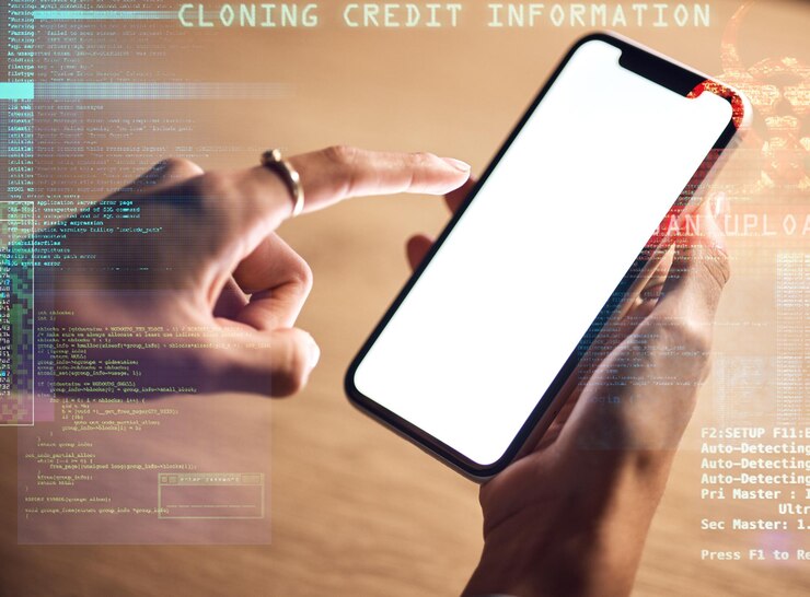 Foto manos de mujer o pantalla de teléfono de información de piratería maqueta de phishing o superposición de codificación abstracta en la oficina nocturna programador o desarrollador de zoom en software de virus de tecnología móvil o riesgo 3d fintech