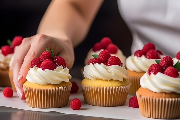 Manos de mujer de un pastelero decorando cupcakes con frambuesas Chef pastelero decora el muf