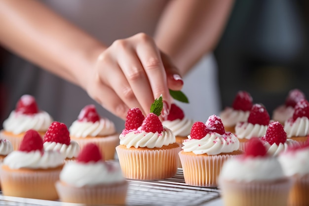 Manos de mujer de un pastelero decorando cupcakes con frambuesas Chef pastelero decora el muf