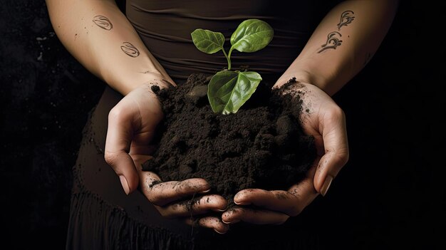 Foto manos de una mujer que contienen tierra con una planta en forma de corazón en el estilo de verde oscuro y negro