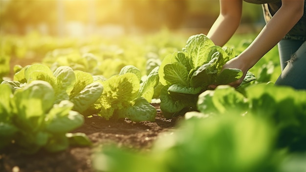 Foto manos de mujer recogiendo lechuga verde en huerta ai generativa