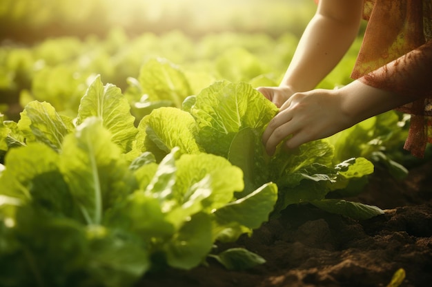 Manos de mujer recogiendo lechuga verde en huerta