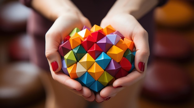 Las manos de una mujer sosteniendo una colorida bola de origami en sus manos