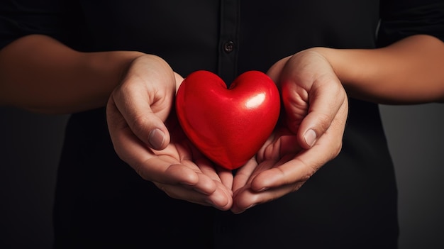 Manos de mujer sosteniendo el corazón rojo