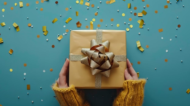 Las manos de la mujer sosteniendo una elegante caja de regalos con cinta dorada sobre fondo azul con confeti