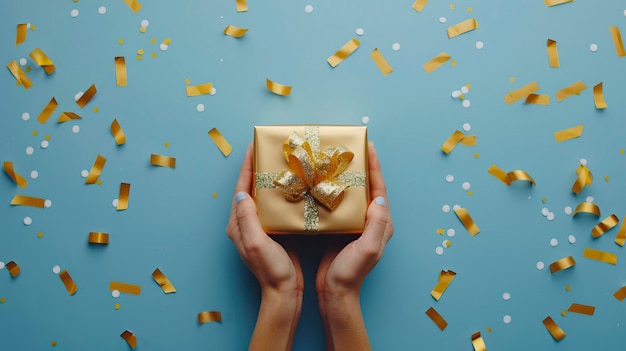 Las manos de la mujer sosteniendo una elegante caja de regalos con cinta dorada sobre fondo azul con confeti