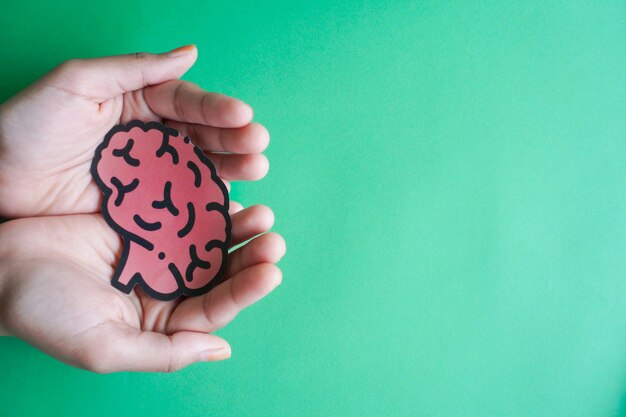 Manos de mujer sosteniendo forma de cerebro humano hecha de papel sobre un fondo azul claro Conciencia de Alzheimer