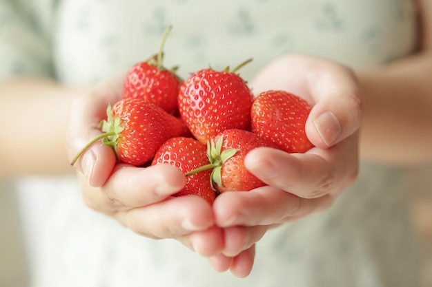 Las manos de la mujer sosteniendo fresas fresas rojas de cerca