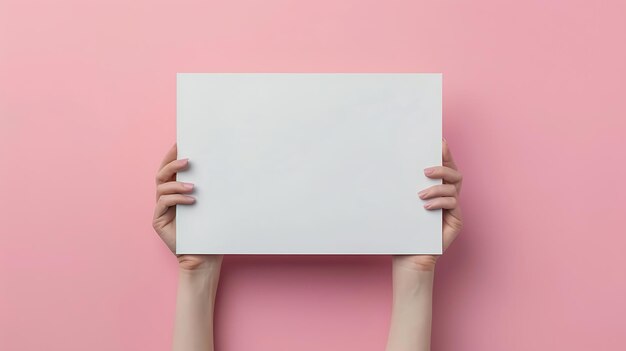 Las manos de una mujer sosteniendo un letrero blanco en blanco contra un fondo rosa