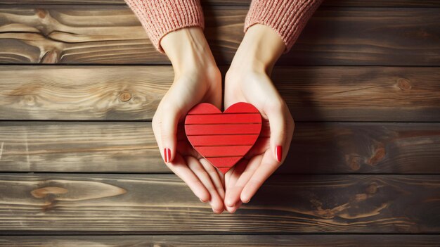 Manos de mujer sosteniendo el modelo de casa de madera con corazón rojo