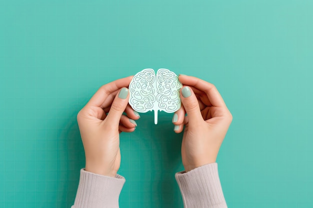 Manos de mujer sosteniendo pegatina con imagen de cerebro sobre fondo verde claro IA generativa