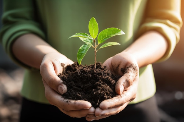 Manos de mujer sosteniendo tierra y una pequeña planta ai generativa