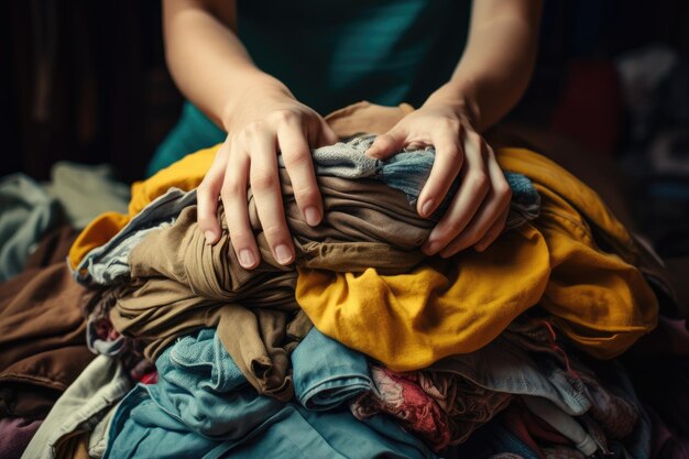 Foto las manos de la mujer sostienen una pila de ropa junto a una lavadora generativa ai