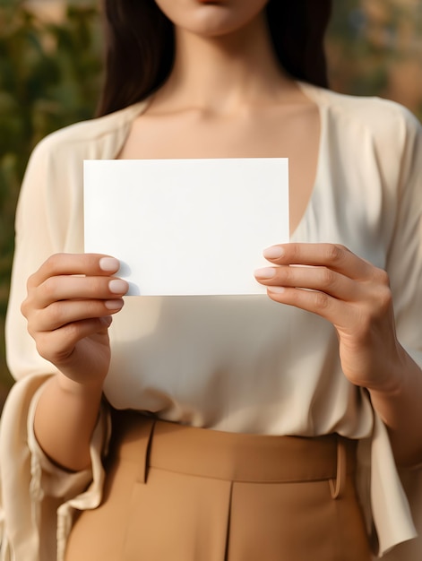 Foto las manos de una mujer sostienen una tarjeta de visita en blanco como una maqueta para mostrar una estética beige de estilo de diseño