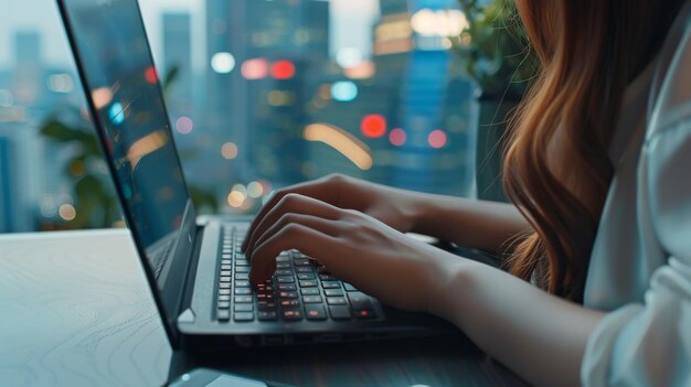 Foto manos de mujer trabajando en el teclado de la computadora portátil y navegando por internet en el escritorio de la oficina trabajando en línea negocios y tecnología concepto de comunicación de red de internet