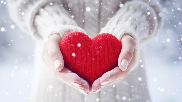 Las manos de las mujeres con un corazón tejido en un día de invierno concepto de amor