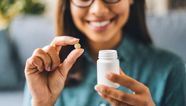 Las manos de las mujeres extraen delicadamente una píldora de una botella que refleja las opciones de salud y bienestar