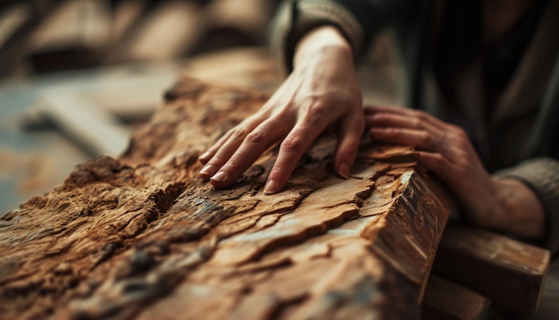 Las manos de las mujeres hacen la artesanía de la madera