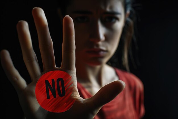 Las manos de las mujeres muestran una señal de stop contra la discriminación y la violencia