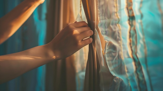 las manos de las mujeres de primer plano muestran cómo coser una cortina con una cinta especial IA generativa